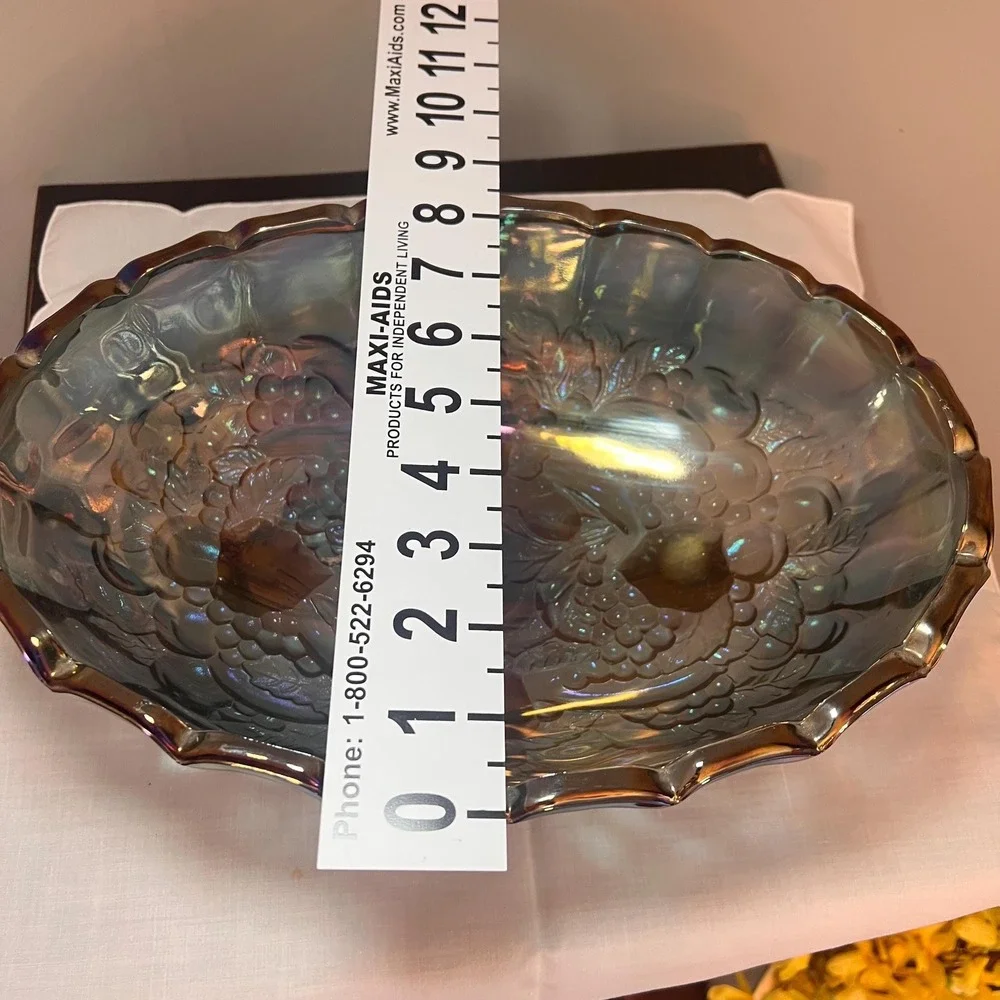 Vintage Carnival Glass Blue Iridescent Footed Fruit Bowl Harvest Pattern 12